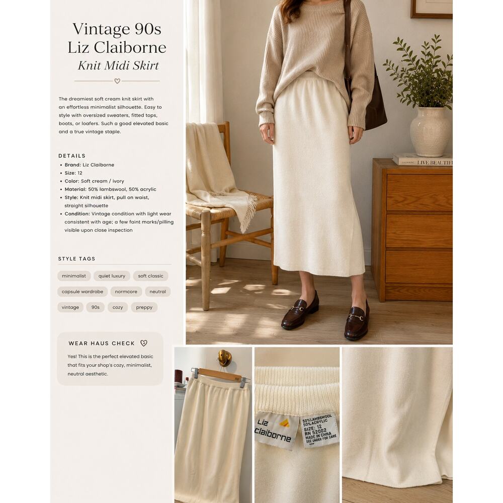 Vintage Liz Claiborne Cream Knit Midi Skirt Minimal Soft Wool Blend ✨
